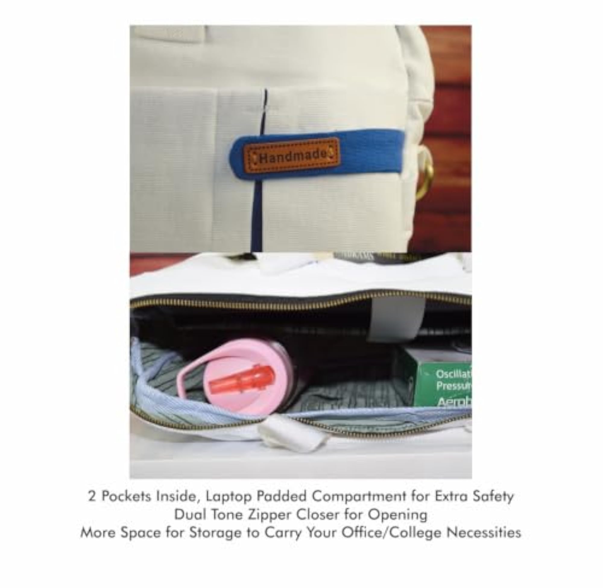 Meraj's Creatives White Canvas Bag, Large with Blue Patch